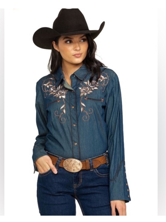 Scully Tops - SCULLY WOMEN'S ROSE EMBROIDERED DENIM LONG SLEEVE PEARL SNAP WESTERN SHIRT